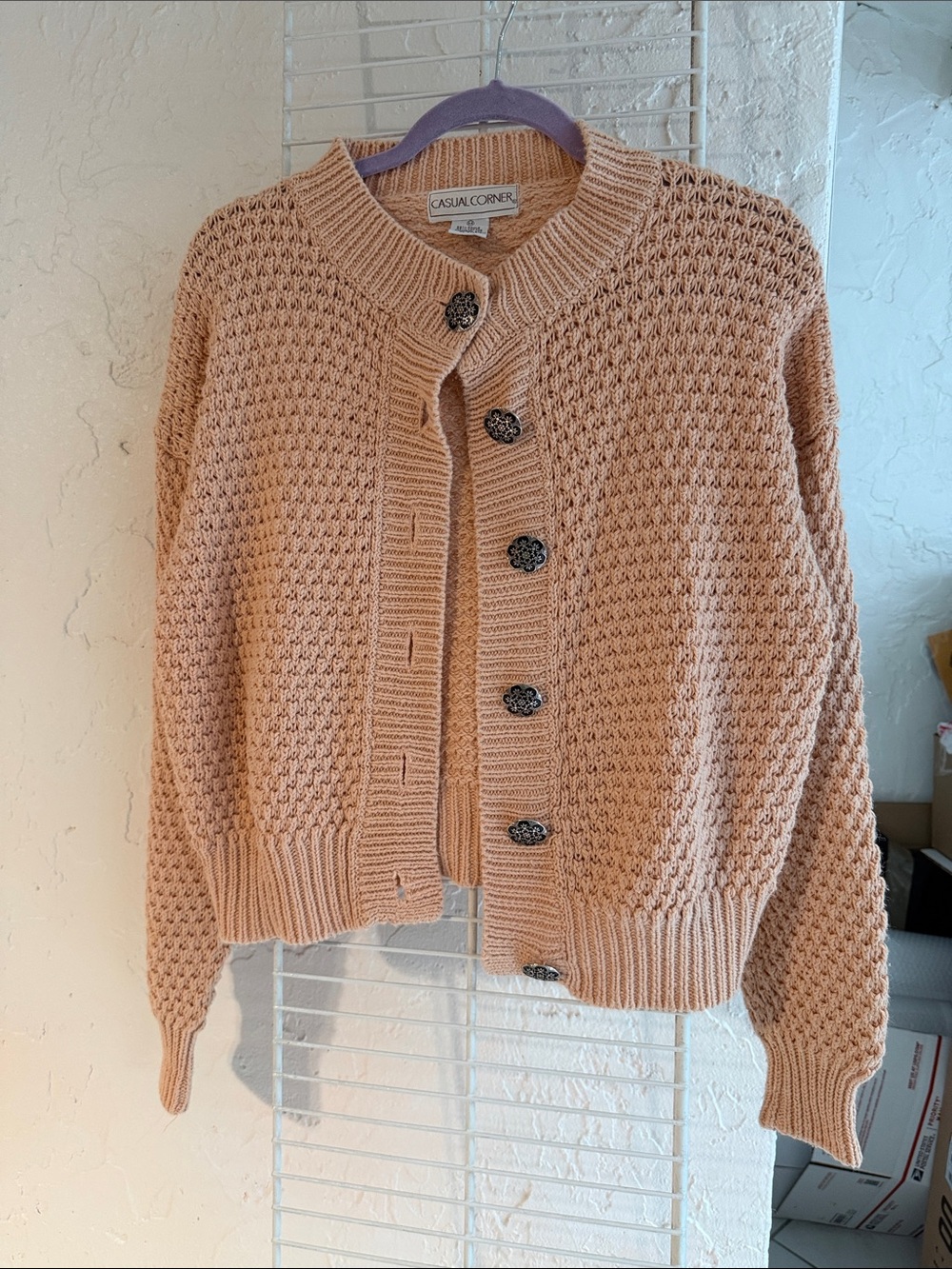 Casual Corner Peach Textured Knit Cardigan with Floral Buttons